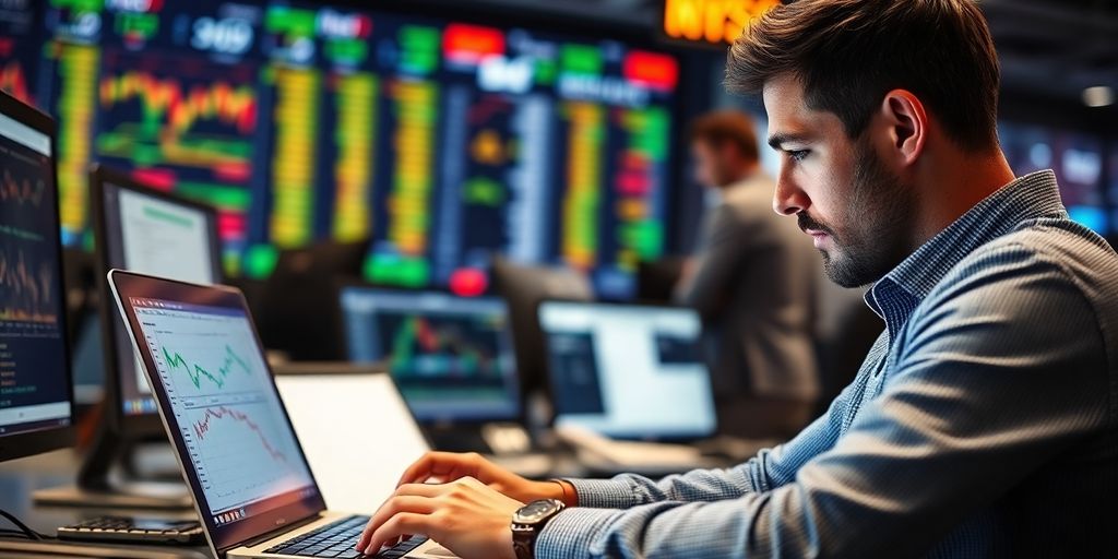 Trader analyzing market indicators on a laptop.