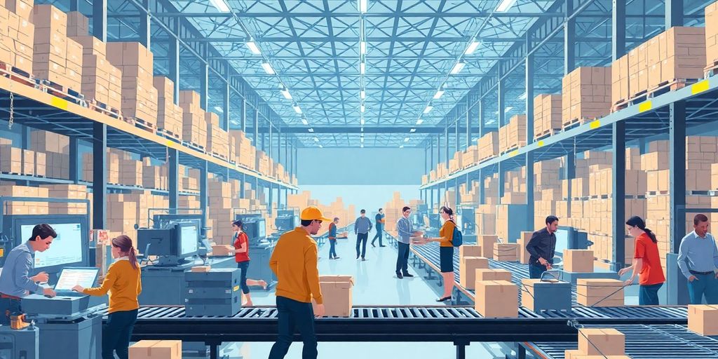 Workers sorting packages in a warehouse