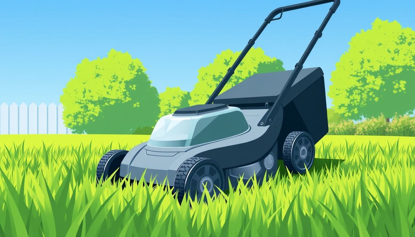 Lawnmower cutting grass on a sunny day