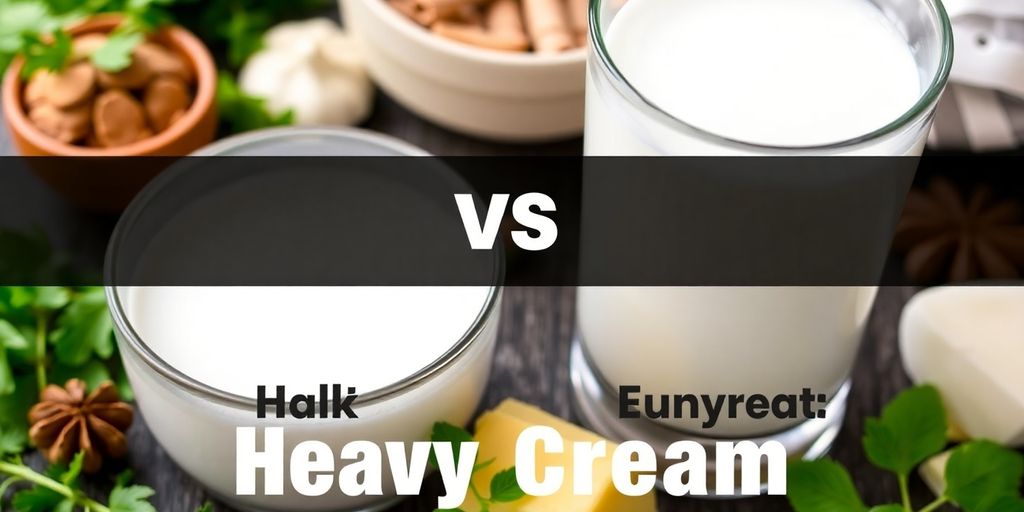 Milk and heavy cream in bowls with fresh ingredients.