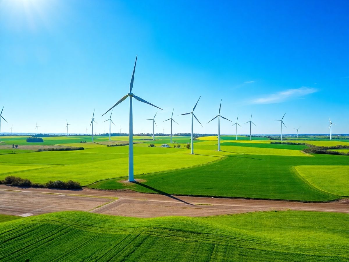 Turbine eoliene pe un câmp înflorit sub cer senin.
