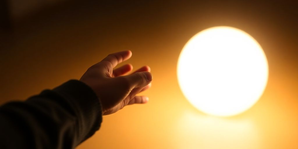Person reaching for distant glowing sphere.