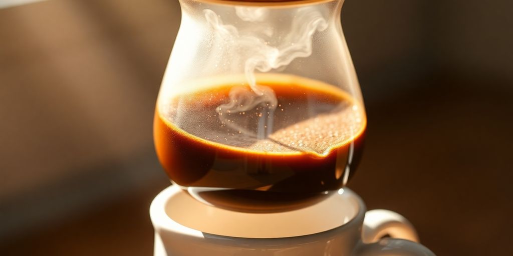 Light roast coffee brewing in a glass pour-over