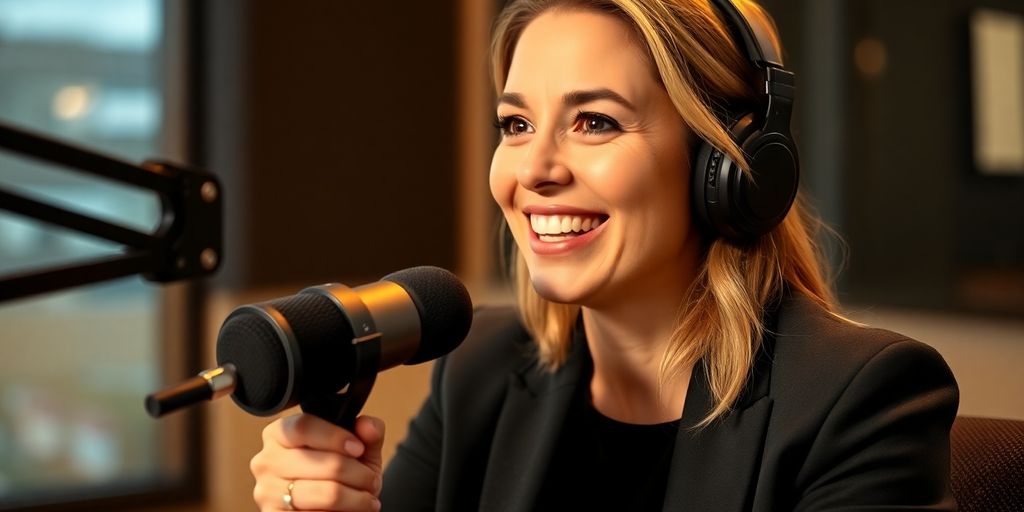 Woman speaking into microphone, warm studio glow.