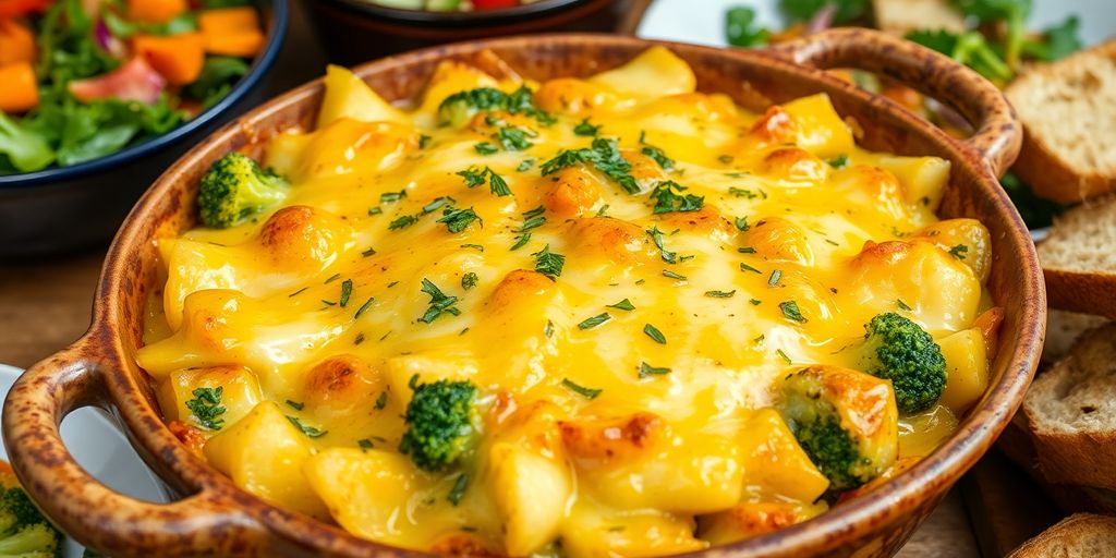 Kartoffel-Broccoli-Käse-Auflauf mit frischen Beilagen.
