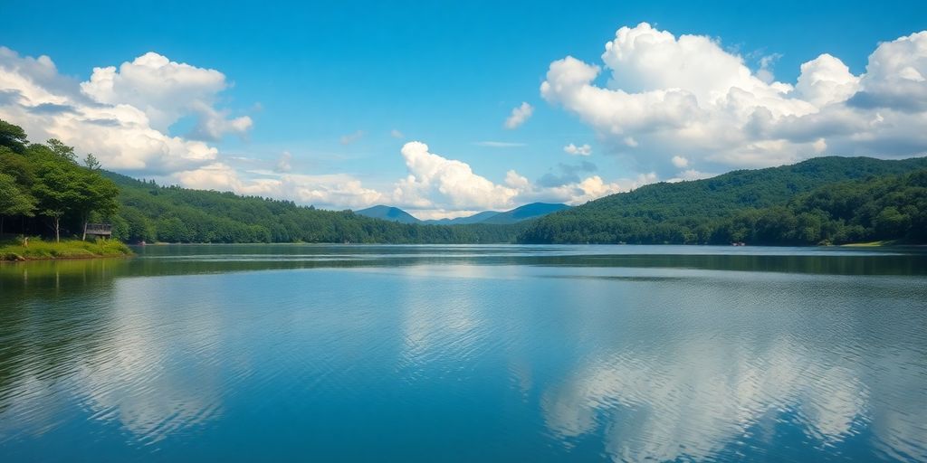Tranquil lake and lush greenery promoting creativity.