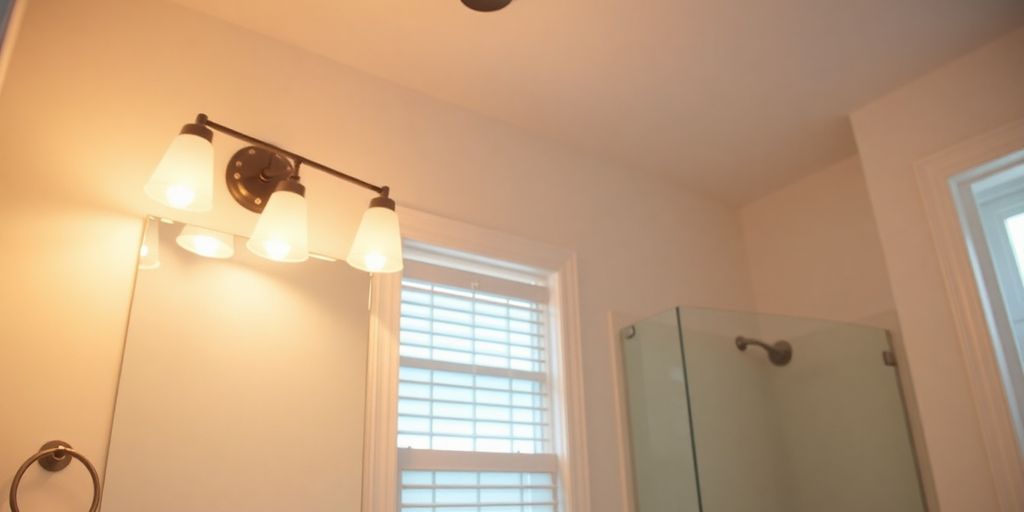 Bright bathroom with elegant new light fixture.