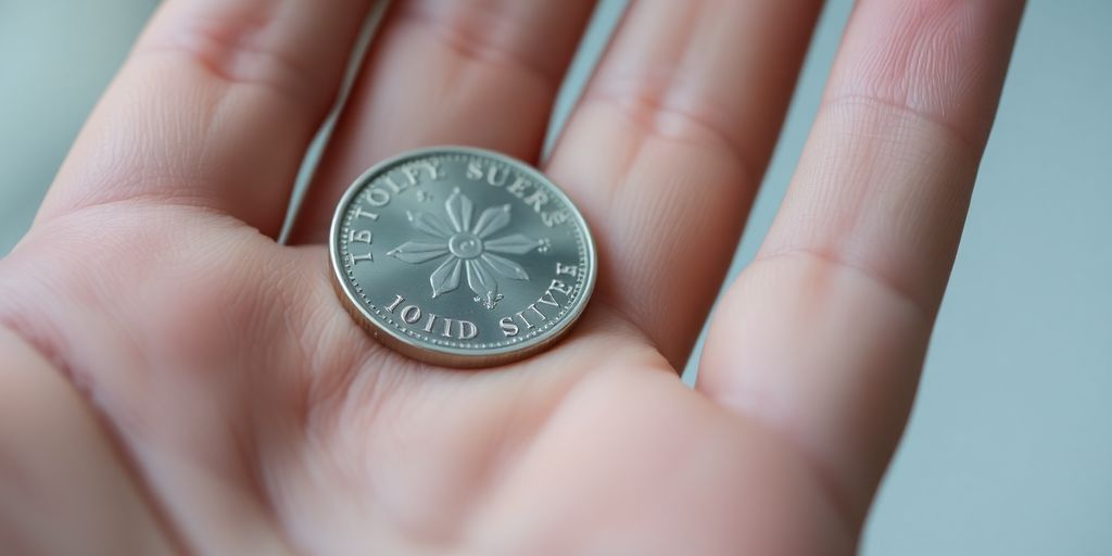 Main tenant une pièce d'argent brillante