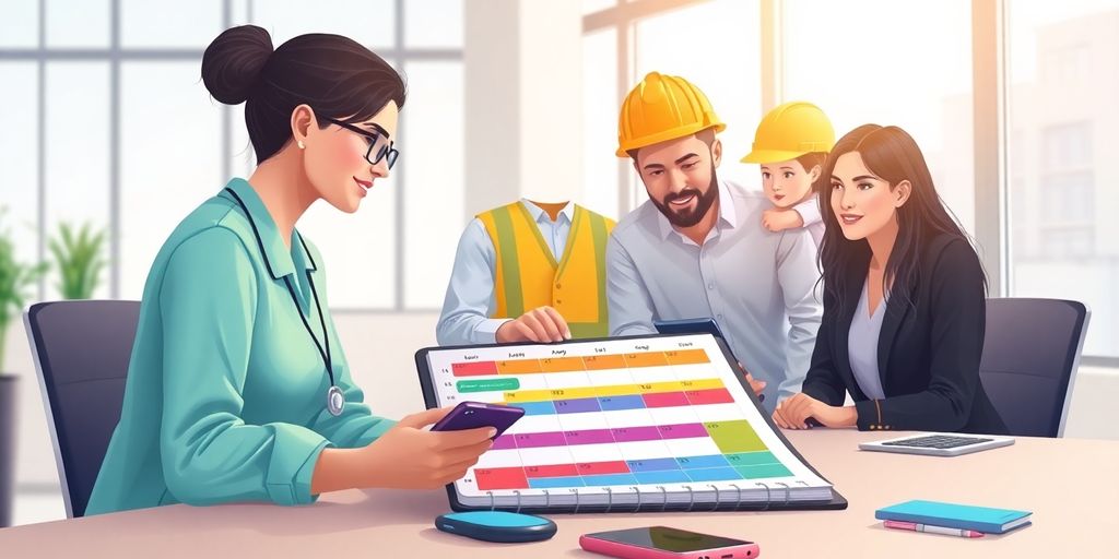 Diverse professionals around desk with planner showing colored shift blocks