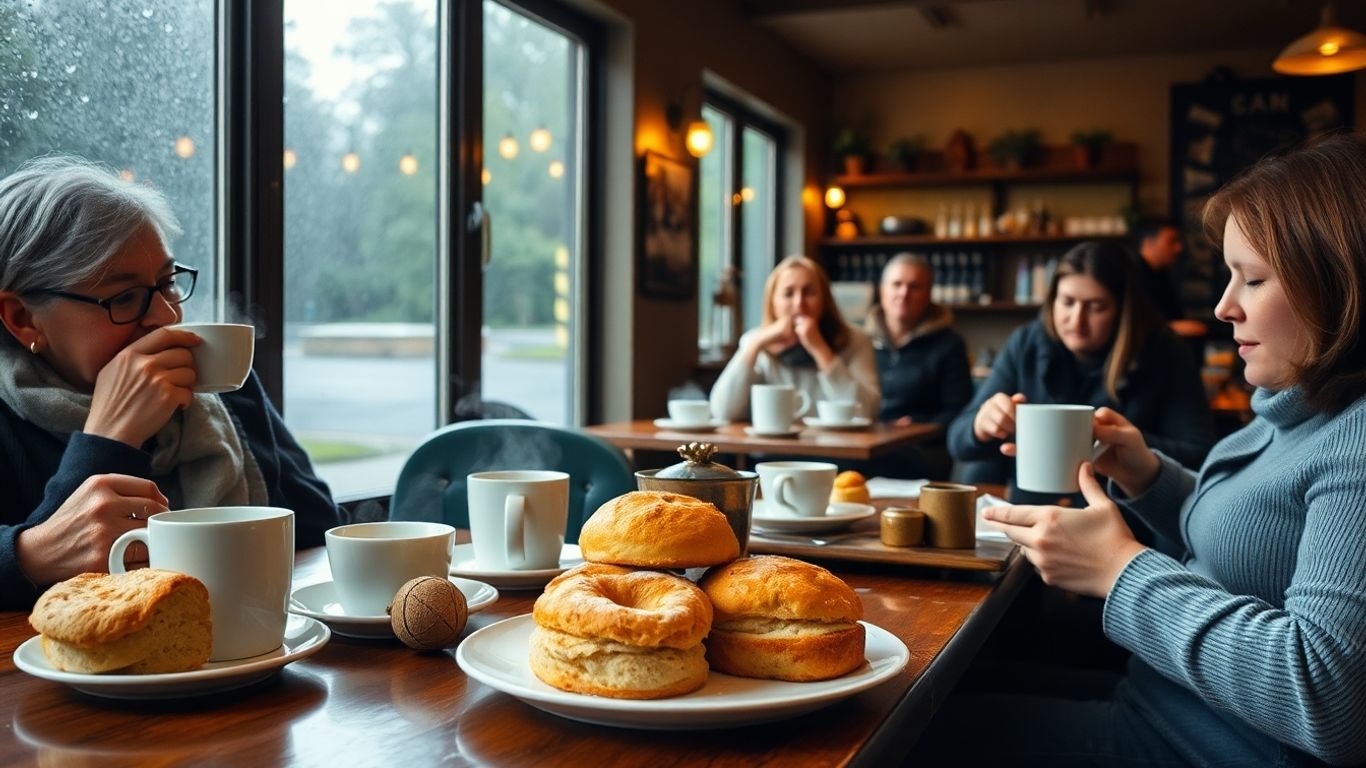 Warm Devon café with coffee, pastries, and rainy windows