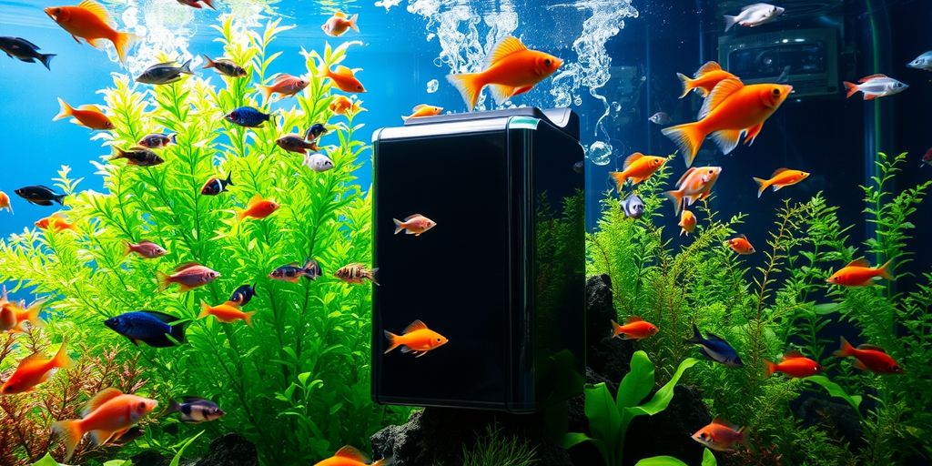 Peces de agua dulce y filtro en un acuario colorido.
