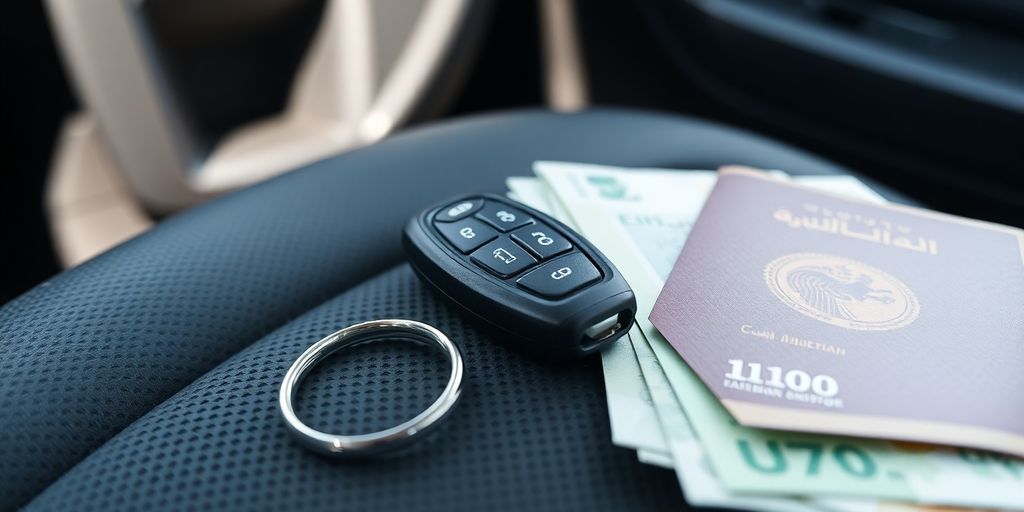 Car key, UAE dirhams, and passport on car seat.