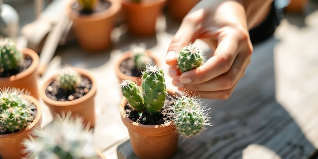 Manos replantando pequeños cactus en macetas nuevas.