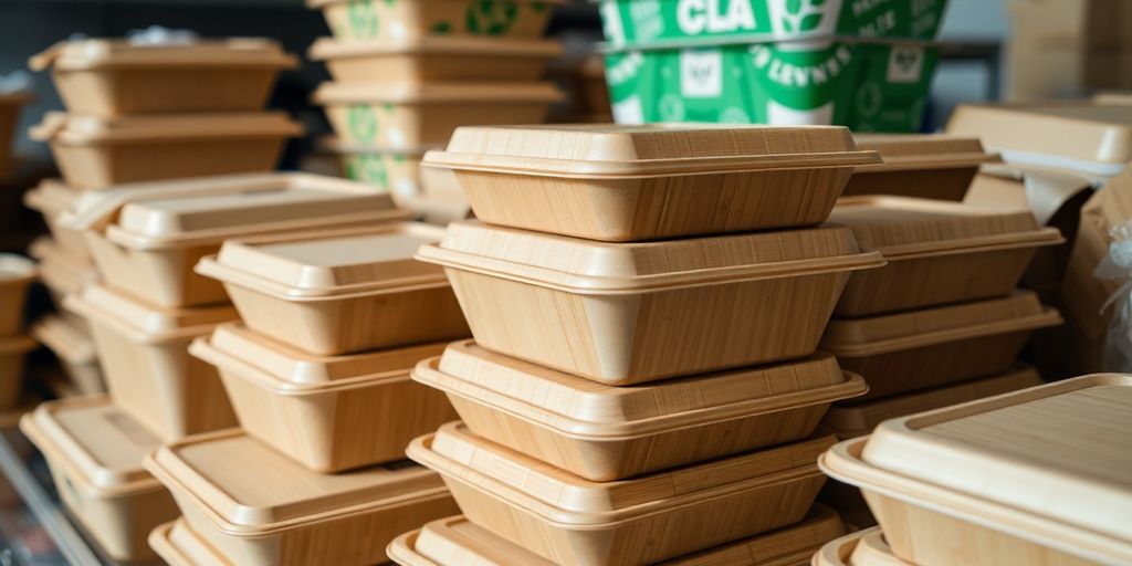 Café owner holding compostable takeaway containers.