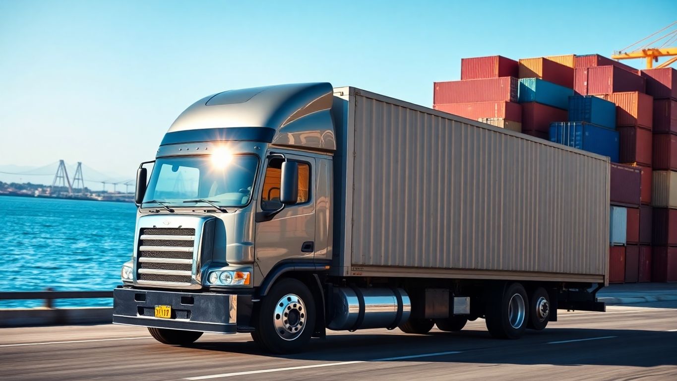 Shipping container truck in Long Beach port.
