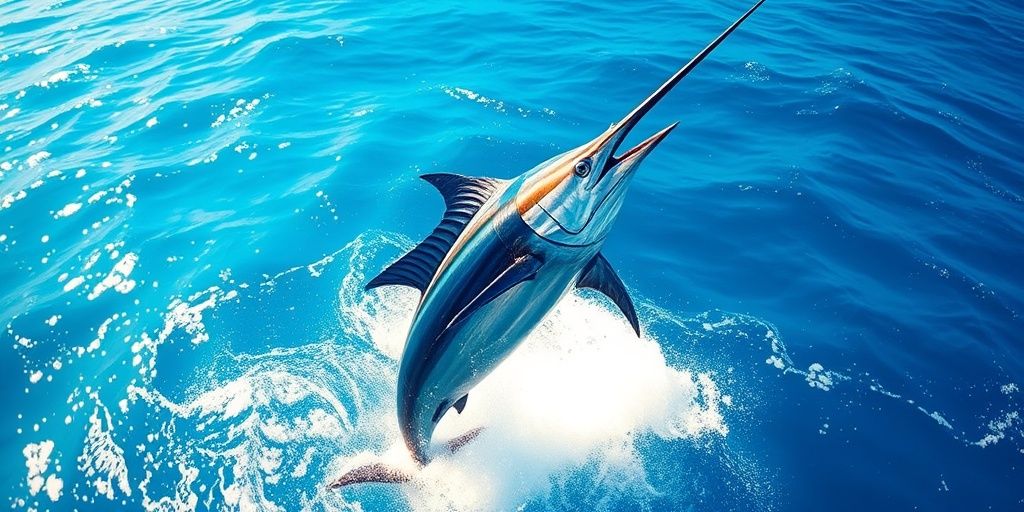 Giant marlin leaps from blue ocean waves.