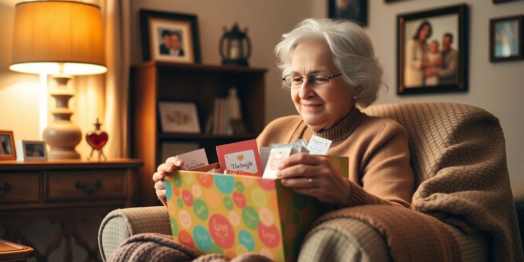 Grandma excitedly opening a subscription box filled with gifts.