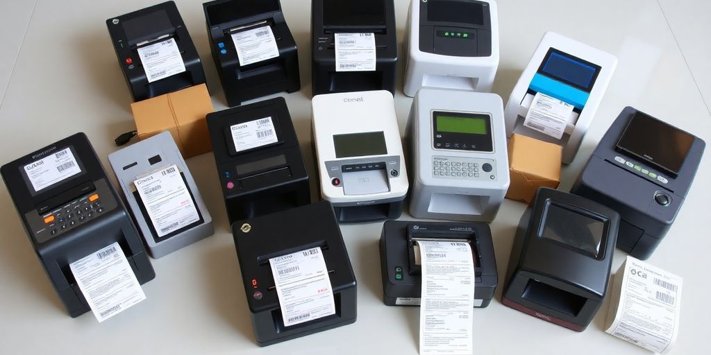 Verschillende verzendlabel printers op een tafel.