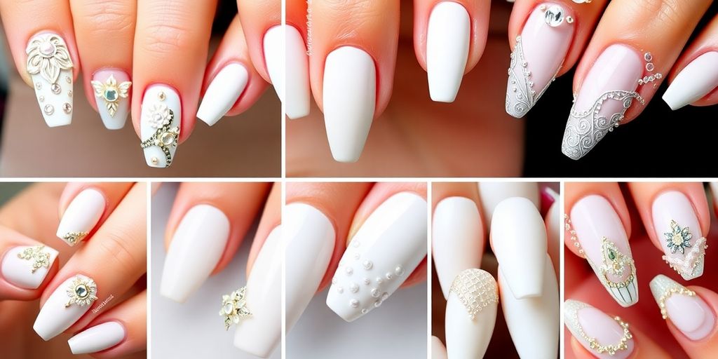 Unhas decoradas brancas com designs variados e elegantes.