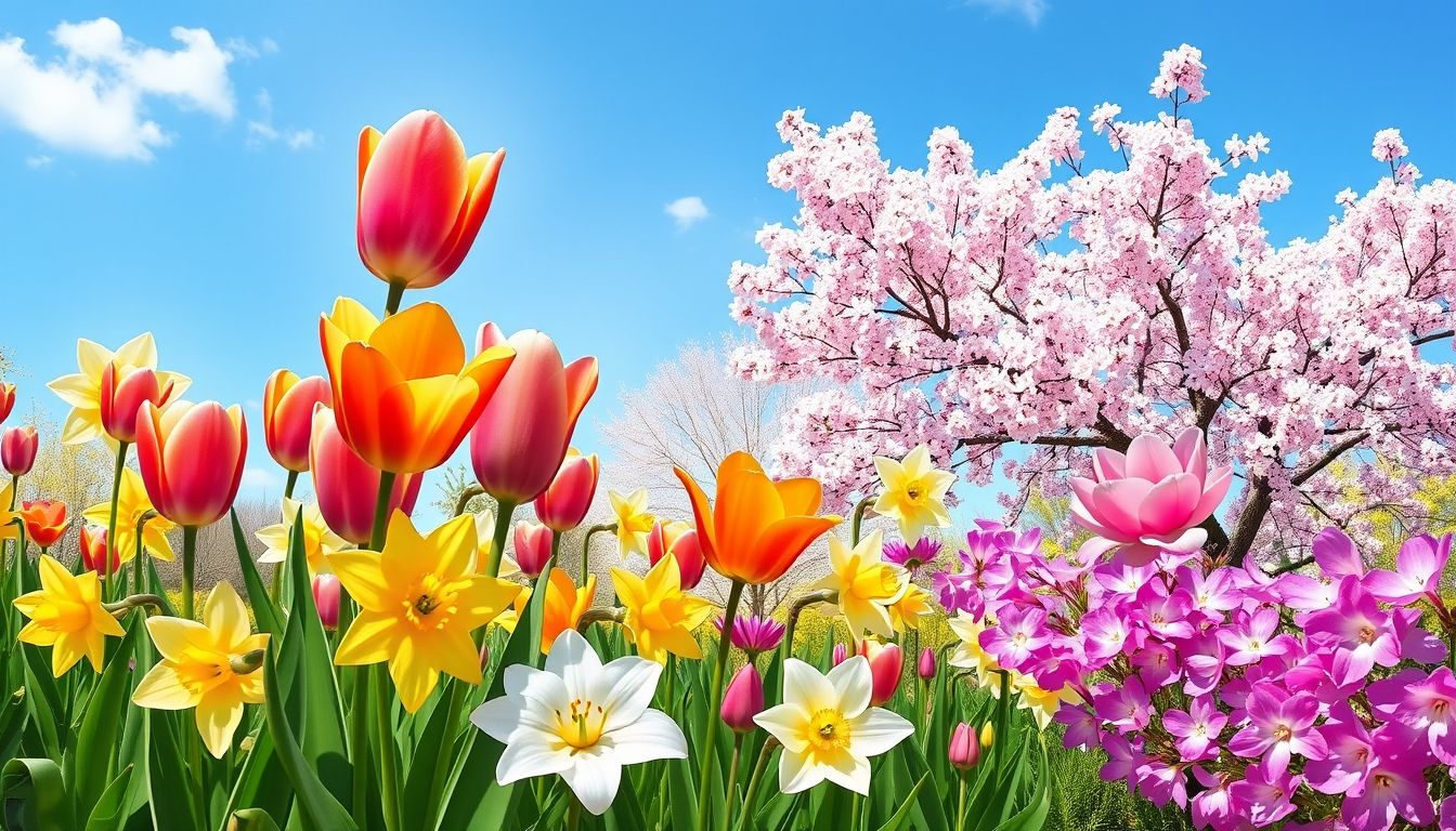 Spring flower garden with tulips and cherry blossoms