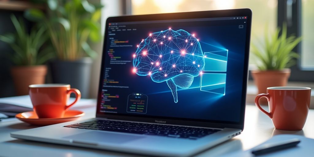 Modern workspace with laptop and AI software.