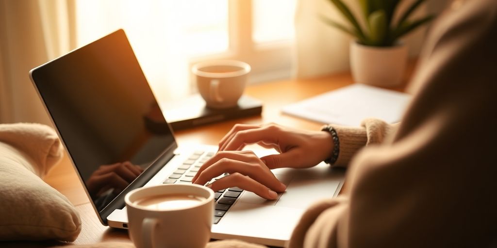Person typing on a laptop in a cozy workspace.