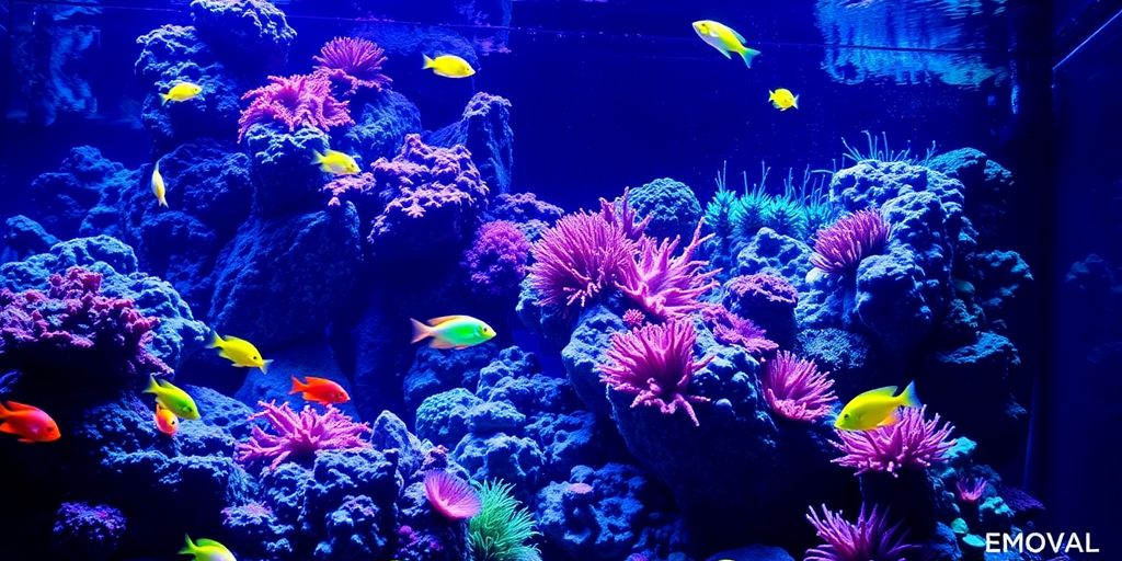 Vibrant reef aquarium with colorful fish and corals.