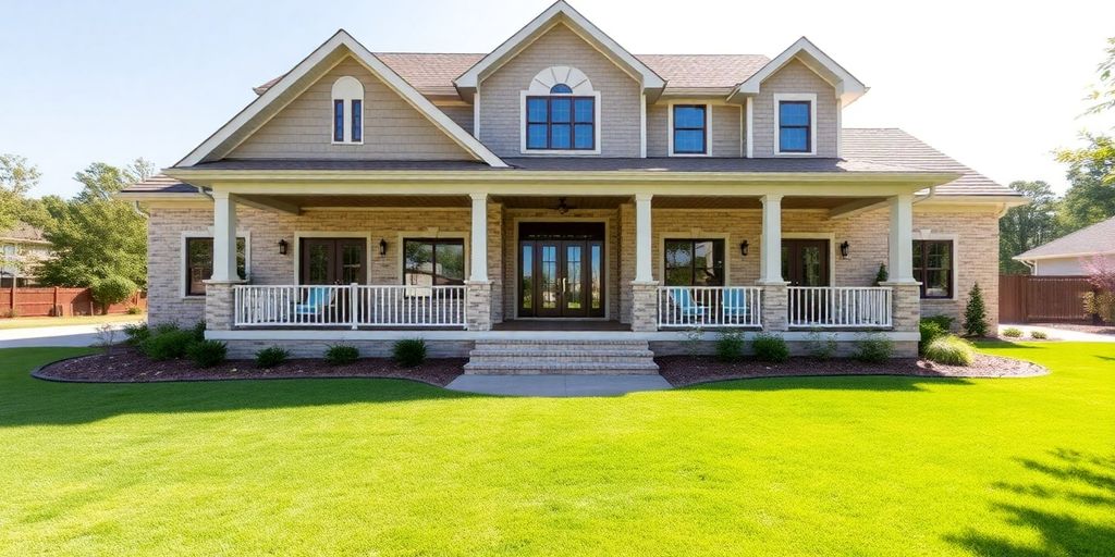 Modern custom home exterior with landscaped yard.