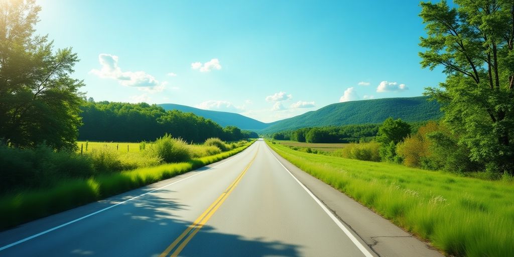 Winding road of US Route 64 through green landscapes.