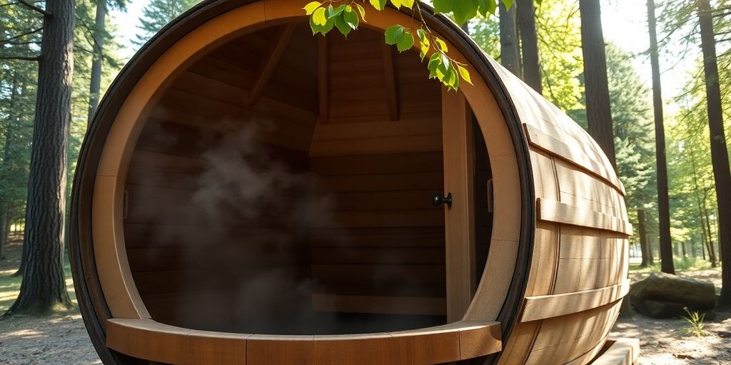 Wooden barrel sauna, steam rising, forest backdrop