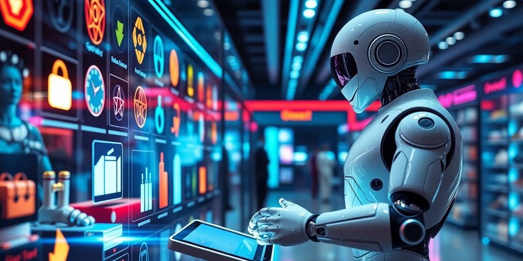 Robot assistant in futuristic shopping interface