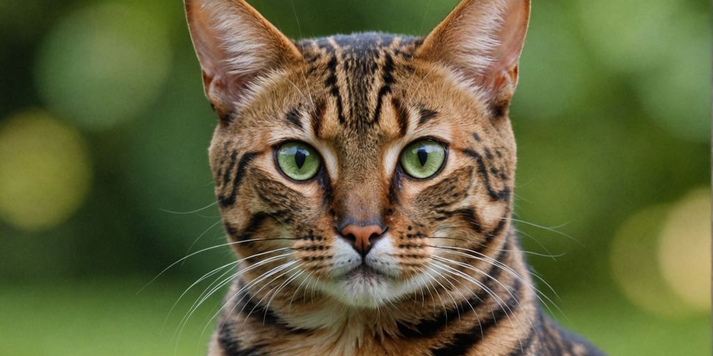Bengal cat with spotted coat and green eyes
