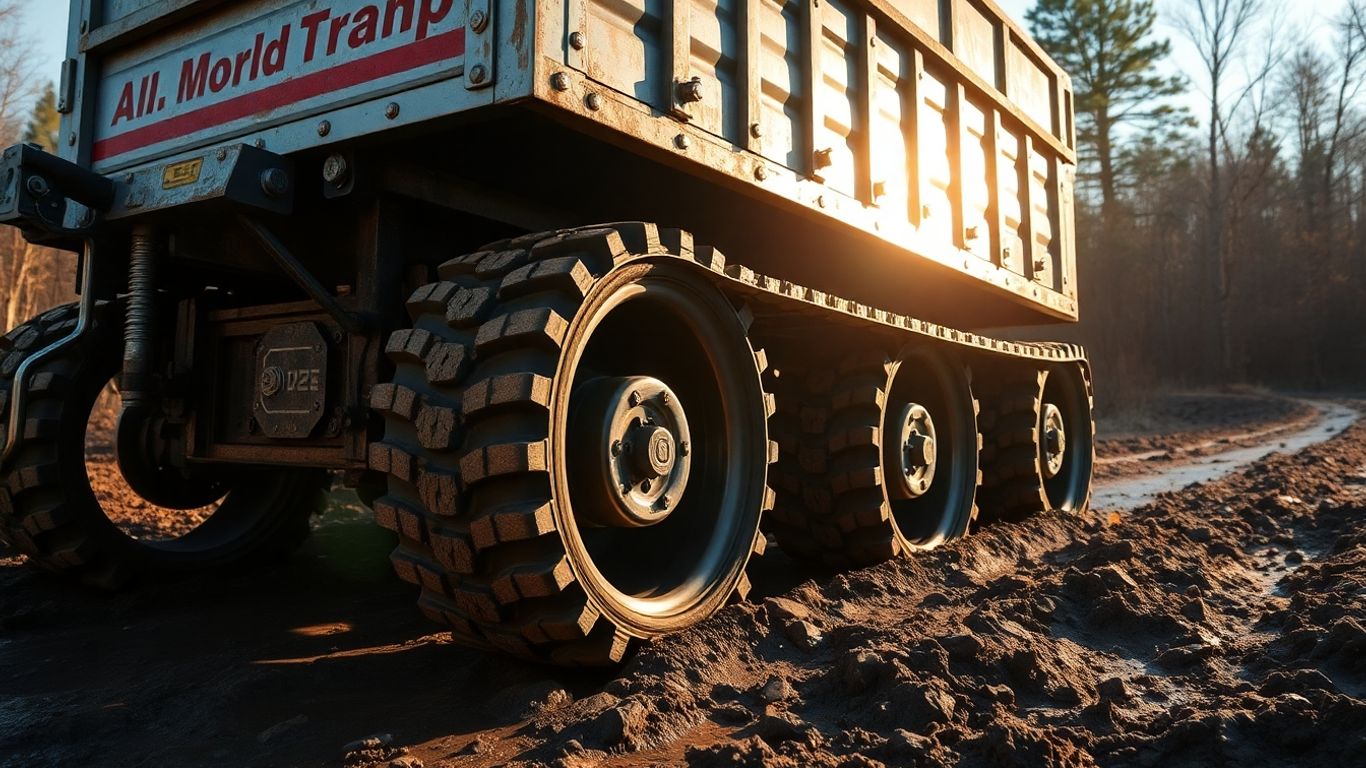 Rugged tracked trailer driving on a muddy path.