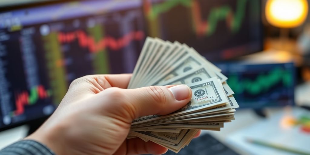 Hand holding money in a trading environment.