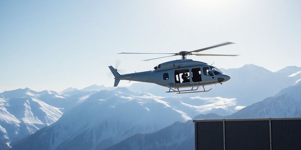 A helicopter lowers an HVAC unit onto a snowy rooftop.