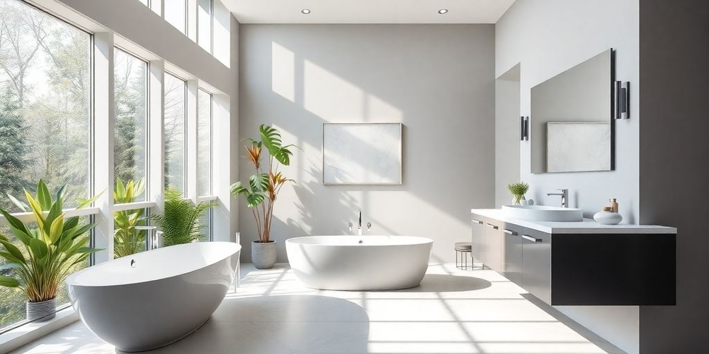 Modern bathroom with sleek fixtures and natural light.