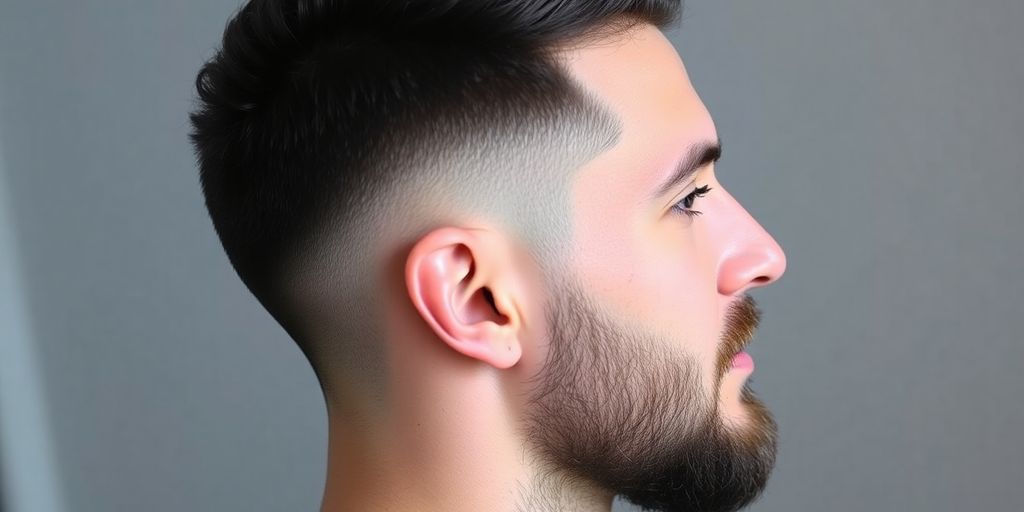Man with low taper fade and beard.