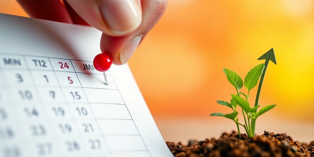 Calendar, magnifying glass, growing plant, rising arrow.