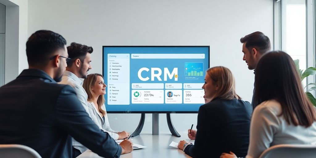 Professionals collaborating, digital CRM interface