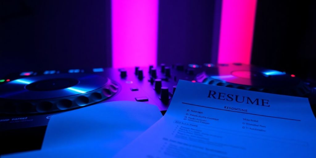 DJ equipment, resume, spotlight, vibrant colors.