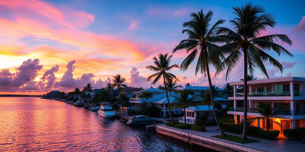Miami Beach sunset with waterfront properties and palm trees.