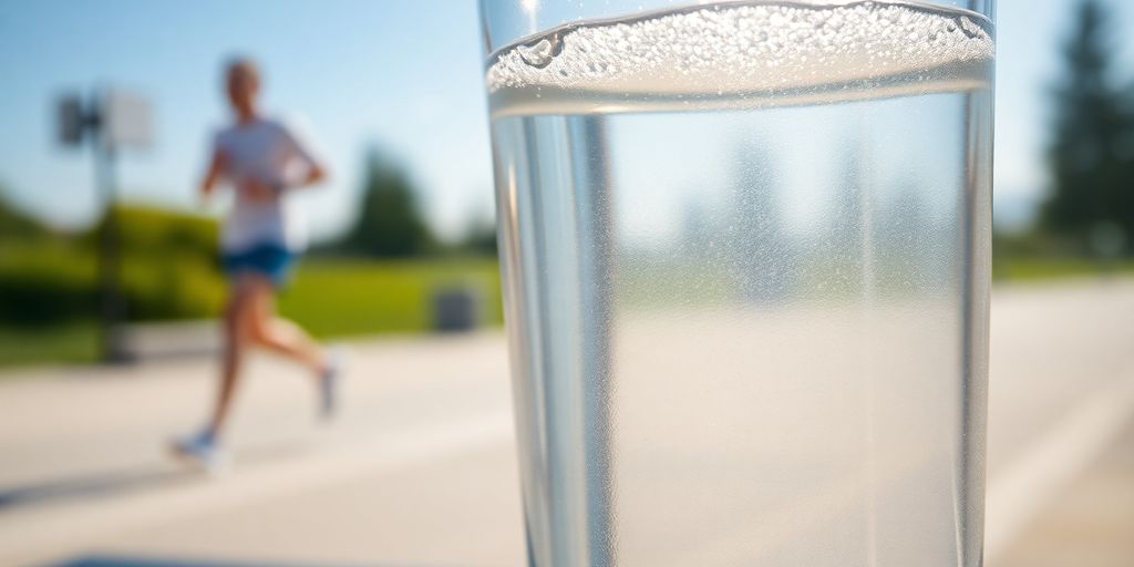 Refreshing water glass and active person.