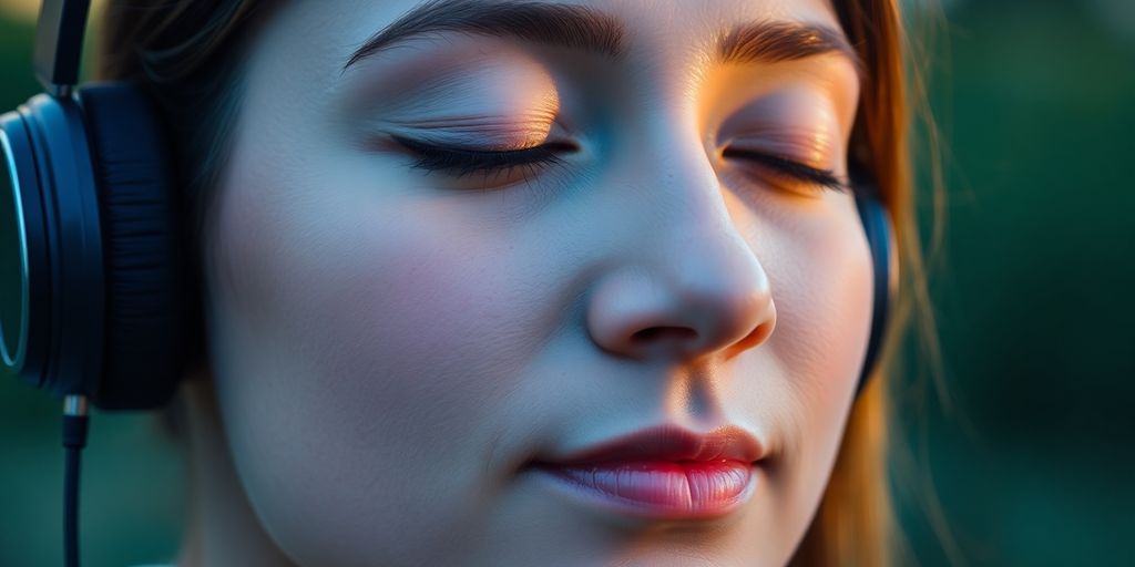 Person meditating peacefully with headphones on.