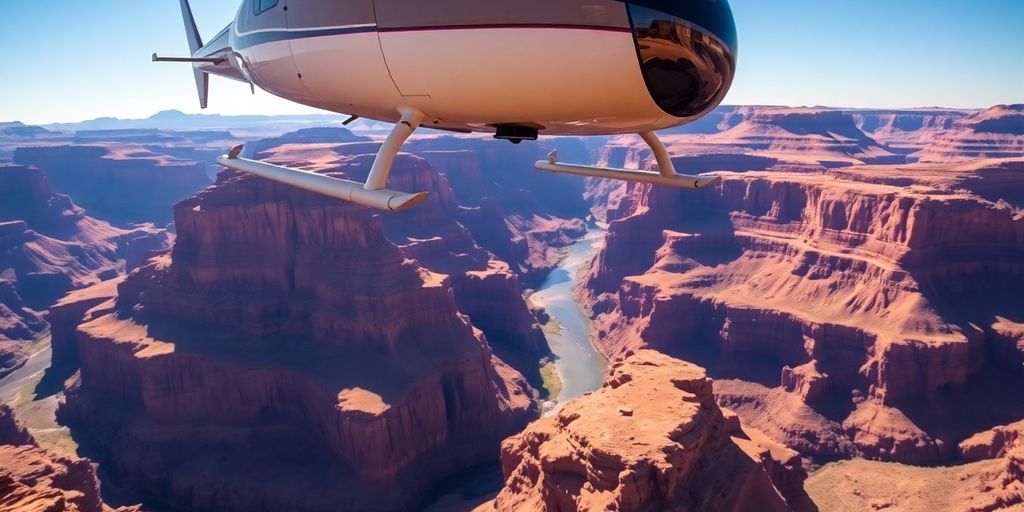 A helicopter flies above the Grand Canyon's South Rim.
