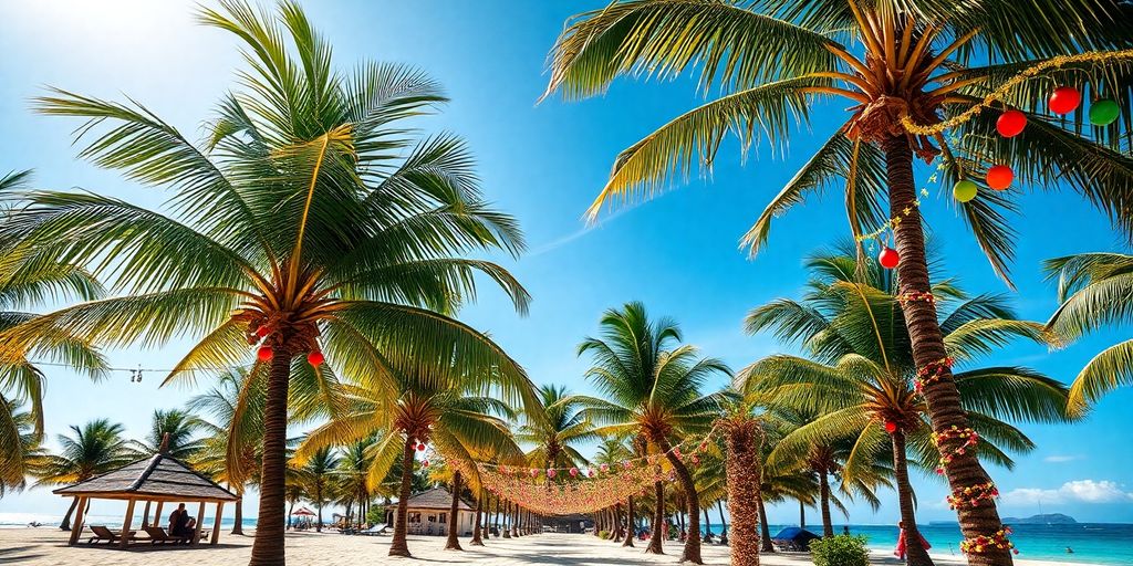 Tropical beach decorated for Christmas.