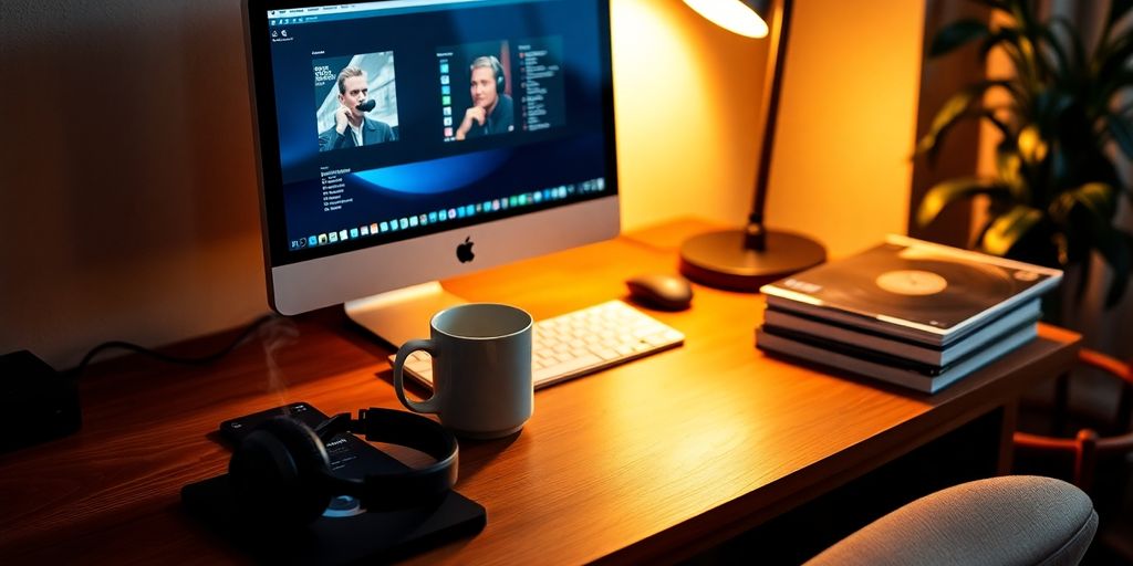 Desktop PC with headphones, smartphone, vinyl records, and potted plant.