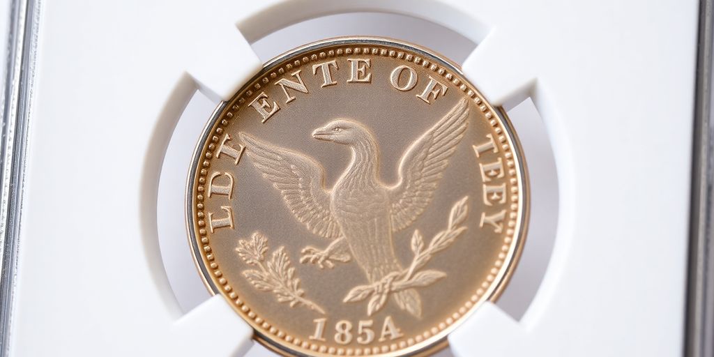 Close-up of a graded coin.