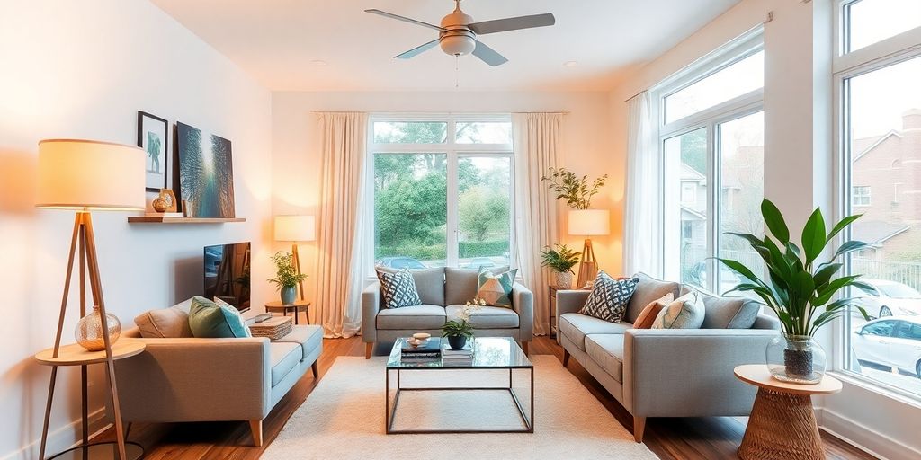 Modern living room with stylish decor and natural lighting.