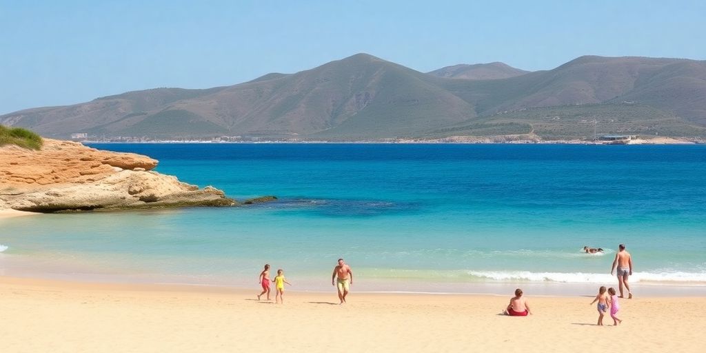 Families enjoying sun and sand at St. George Beach.