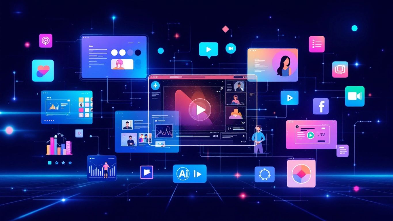 Collage of AI video creation platform icons and interfaces.